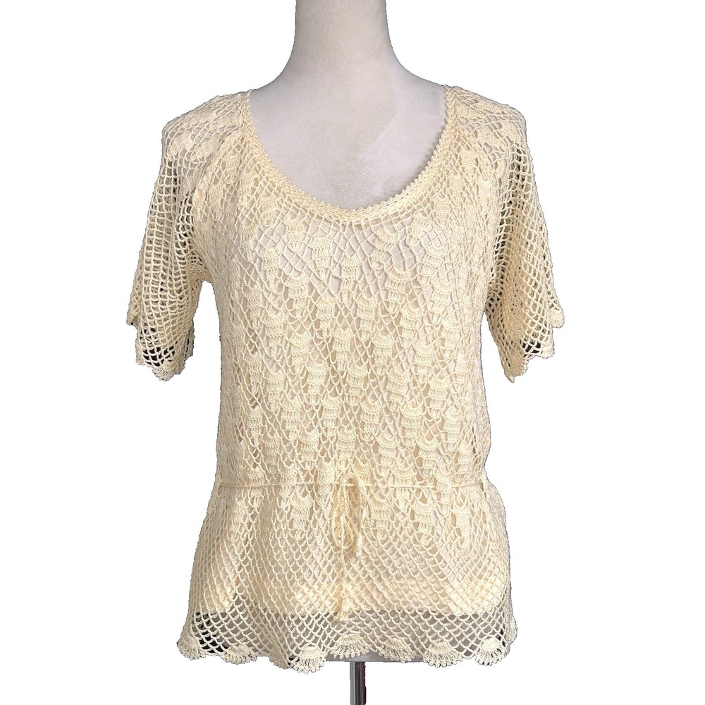 Vintage Thums Up Pale Yellow Crochet Short Sleeve Drawstring Waist Blouse Top